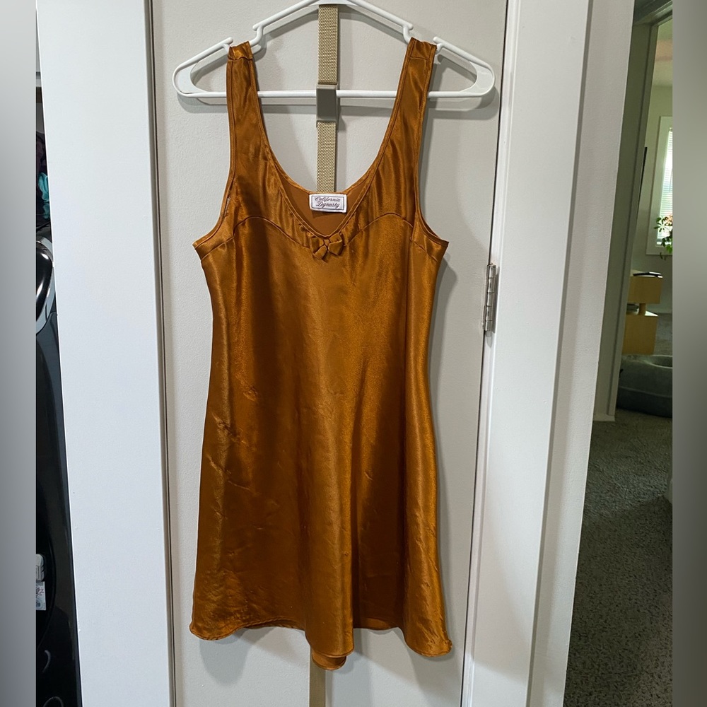 Vintage 80s Silk Slip Dress with Cute Bow by California Dynasty rust orange